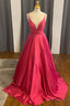 A Line Red Satin Plunge Neck Long Prom Dresses