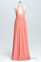 Halter Coral A-line Lace and Chiffon Long Bridesmaid Dresses