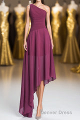 One Shoulder Plum Asymmetric Chiffon Long Party Dresses