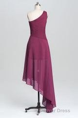One Shoulder Plum Asymmetric Chiffon Long Party Dresses