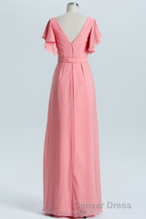Coral A-line Flutter Sleeves Long Bridesmaid Dresses