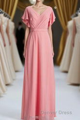 Coral A-line Flutter Sleeves Long Bridesmaid Dresses