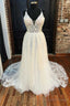 White Lace V Neck Backless A Line Long Wedding Dresses