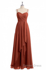 Rust Orange Spaghetti Straps Sweetheart Ruffled Long Bridesmaid Dresses