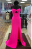 Hot Pink Beaded Keyhole Straps Mermaid Long Prom Dresses with Slit