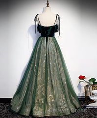 Green Tulle Lace Long Prom Dresses, Green Tulle Lace Formal Dresses, 1