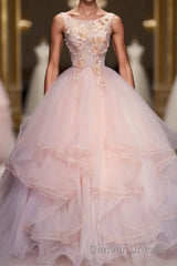 Pink Round Neck Tulle Lace Long Prom Dresses, Lace Formal Dresses