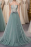 Green A Line Tulle Lace Long Prom Dress, Green Tulle Prom Dresses