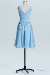 Blue Chiffon A-line Pleated Short Bridesmaid Dresses