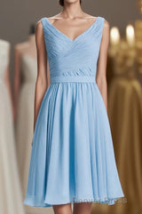 Blue Chiffon A-line Pleated Short Bridesmaid Dresses
