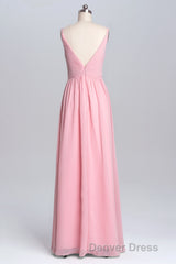 Pink Straps A-line Pleated Long Bridesmaid Dresses