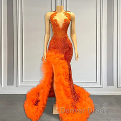 Orange Sleeveless Mermaid Prom Dresses with Side Slit and Tulle Beadings