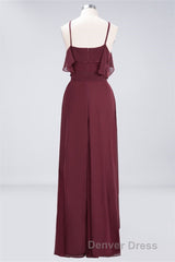 Straps Burgundy Ruffles A-line Long Bridesmaid Dresses