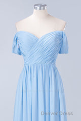 Blue Off the Shoulder Pleated Chiffon Long Bridesmaid Dresses