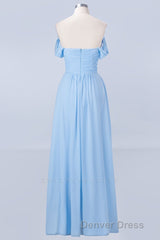 Blue Off the Shoulder Pleated Chiffon Long Bridesmaid Dresses