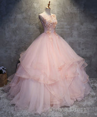 Pink Round Neck Tulle Lace Long Prom Dresses, Lace Formal Dresses