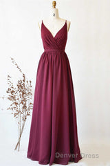 Magenta Chiffon V-Neck Spaghetti Straps Long Bridesmaid Dresses