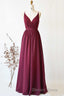 Magenta Chiffon V Neck Spaghetti Straps Long Bridesmaid Dresses