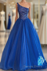Blue Beaded One-Shoulder A-Line Long Prom Dresses
