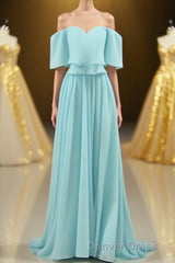 Off the Shoulder Blue Flounce Chiffon Long Bridesmaid Dresses