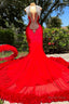 Deep V Neck Mermaid Ruby Feather Silver Beaded Prom Dresses