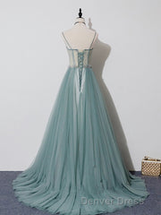 Green A Line Tulle Lace Long Prom Dresses, Green Tulle Formal Dresses