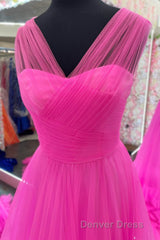 Hot Pink Illusion Strapless A-line Layers Tulle Long Prom Dresses