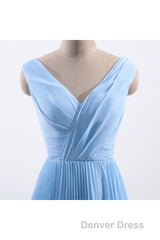 Blue Pleated A-line Chiffon Long Bridesmaid Dresses