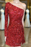 Glitter One Sleeve Red Sequined Homecoming Dresses