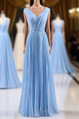 Blue Pleated A-line Chiffon Long Bridesmaid Dresses