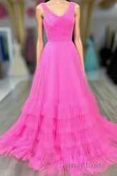 Hot Pink Illusion Strapless A-line Layers Tulle Long Prom Dresses