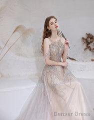 A Line Bateau Prom Dress, Long Neck With Train Sleeveless Zipper Formal Party Dresses