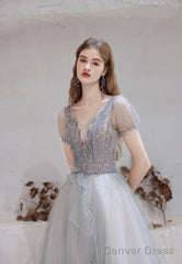 Elegant Prom Dress, Formal V Neck Short Sleeves Beaded Tulle Dresses, A Ling Floor Length
