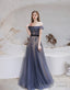 Evening Dress, Blue Prom Dresses, A Line Bateau Neck Floor Length Short Sleeves Zipper Formal Party Dresses, Pageant Dresses