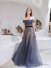 Evening Dress, Blue Prom Dresses, A Line Bateau Neck Floor Length Short Sleeves Zipper Formal Party Dresses, Pageant Dresses