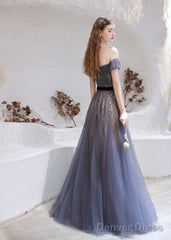 Evening Dress, Blue Prom Dresses, A Line Bateau Neck Floor Length Short Sleeves Zipper Formal Party Dresses, Pageant Dresses