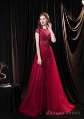 Cap Sleeves Prom Dress 2025 Beading Appliques Tulle Scoop Floor Length Burgundy Prom Dresses