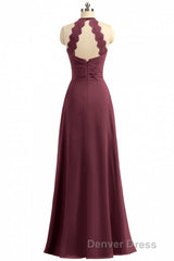 Burgundy Chiffon Halter Long Bridesmaid Dresses with Lace Strap