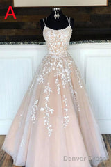 Puffy Spaghetti Straps Prom Dress With Appliques Long Evening Dress