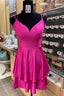 Fuchsia V Neck Lace Up Back Satin Multi Layers Mini Homecoming Dresses