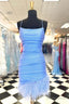 Light Blue Lace Up Sheath Homecoming Dresses with Feathers