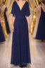 Navy Blue Chiffon V Neck Ruffled Sleeve Long Bridesmaid Dresses