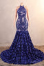 Halter Mermaid Sweep Train Backless Sleeveless Beading Prom Dresses