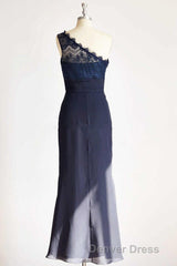 One-Shoulder Navy Blue Lace Long Bridesmaid Dresses