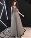 Gray V Neck Tulle Sequin Long Prom Dress Gray Tulle Prom Dresses