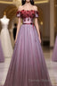 Pink Tulle Lace Applique Long Prom Dress