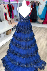 Navy Blue Floral Multi-Layers Sequined Straps Long Prom Dresses