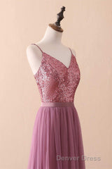 Dusty Purple Sequin Spaghetti Straps A-Line Long Bridesmaid Dresses