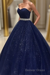 Navy Blue Ball Gown Court Train Sleeveless Mid Back Sparkle Prom Dresses