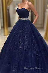 Navy Blue Ball Gown Court Train Sleeveless Mid Back Sparkle Prom Dresses